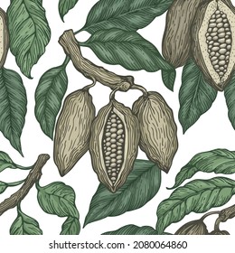Cocoa color vector seamless pattern. Retro cocoa tree background. Vector hand drawn illustration. Vintage style chokolate backdrop.