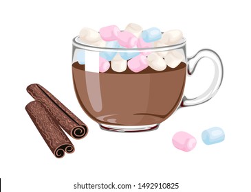 Cocoa with colored marshmallows in glass transparent cup Isolated on white background. Winter sweet drink and cinnamon sticks. Vector illustration of beverage in cartoon flat style.