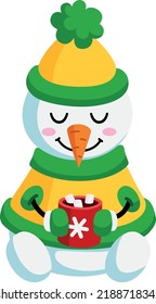 Cocoa cup marshmallow in cute snowman hands. Cartoon cozy character
