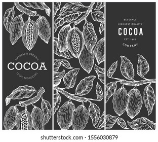 Cocoa design template. Chocolate cocoa beans background. Vector hand drawn illustration on chalk board. Retro style illustration.