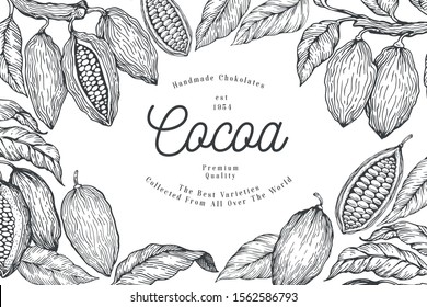 Cocoa design template. Chocolate cocoa beans background. Vector hand drawn illustration. Vintage style illustration.