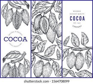 Cocoa design template. Chocolate cocoa beans background. Vector hand drawn illustration. Vintage style illustration.