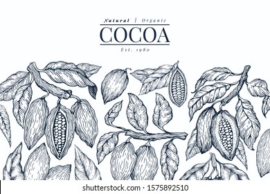 Cocoa design template. Chocolate cocoa beans background. Vector hand drawn illustration. Retro style illustration.