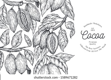 Cocoa design template. Chocolate cocoa beans background. Vector hand drawn illustration. Vintage style illustration.