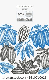 Cocoa design template. Chocolate cocoa beans background. Vector hand drawn illustration. Vintage style illustration.