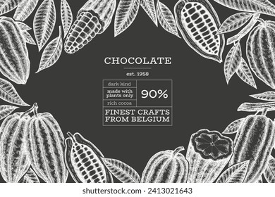 Cocoa design template. Chocolate cocoa beans background. Vector hand drawn illustration on chalk board. Vintage style illustration.