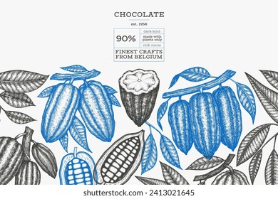 Plantilla de diseño de cacao. El fondo de los granos de cacao de chocolate. Ilustración dibujada a mano por vectores. Ilustración de estilo vintage.