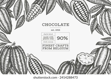 Cocoa design template. Chocolate cocoa beans background. Vector hand drawn illustration. Vintage style illustration.