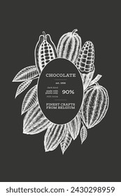 Cocoa design template. Chocolate cocoa beans background. Vector hand drawn illustration on chalk board. Vintage style illustration.