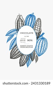 Cocoa design template. Chocolate cocoa beans background. Vector hand drawn illustration. Vintage style illustration.