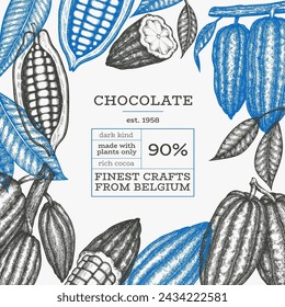 Cocoa design template. Chocolate cocoa beans background. Vector hand drawn illustration. Vintage style illustration.