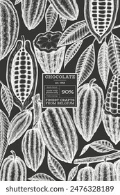 Plantilla de diseño de cacao. Fondo de granos de cacao. Vector dibujado a mano ilustración en tablero de tiza. Ilustración de estilo de Antiguas.