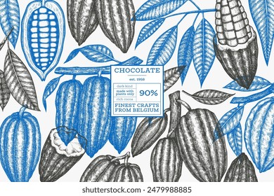 Plantilla de diseño de cacao. Fondo de granos de cacao. Vector dibujado a mano ilustración. Ilustración de estilo de Antiguas.