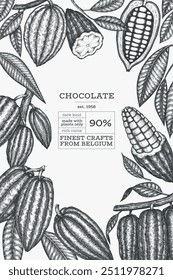 Cocoa design template. Chocolate cocoa beans background. Vector hand drawn illustration. Vintage style illustration.