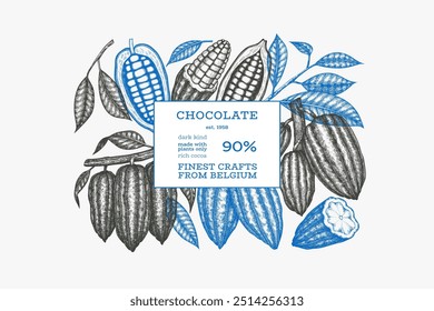 Cocoa design template. Chocolate cocoa beans background. Vector hand drawn illustration. Vintage style illustration.