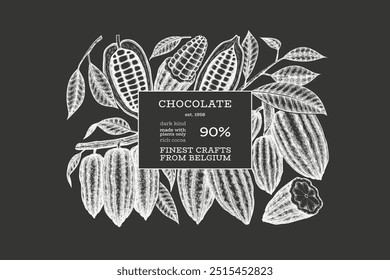 Cocoa design template. Chocolate cocoa beans background. Vector hand drawn illustration on chalk board. Vintage style illustration.