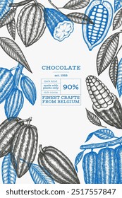 Cocoa design template. Chocolate cocoa beans background. Vector hand drawn illustration. Vintage style illustration.