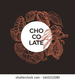 Cocoa design. Vector graphic symbol in circle. Nature tree, branch, leaf, bean. Hand drawn tropical card, retro wreath. Food illustration. Organic natural chocolate. Print, label