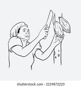 cocoa of drawing ink on paper for chocolate packaging. cocoa sketch of farmer for banner, poster vintage, label packaging. 