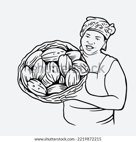cocoa of drawing ink on paper for chocolate packaging. cocoa sketch of farmer for banner, poster vintage, label packaging. 