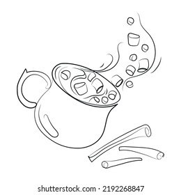Cocoa drink with marshmallows and cinnamon sticks Line art drawing vector illustration.Hot chocolate or cocoa with flying marshmallows in a cup,black and white sketch drawing.Logo, emblem design
