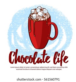 Cocoa drink poster with marshmallows whipped cream milk and chocolate chips isolated vector illustration