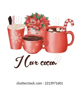 Cocoa drink in a red mug on Christmas night. Banner Christmas. Watercolor Vector illustration. Seasonal Christmas flat design. For poster, print, menu design, greeting card