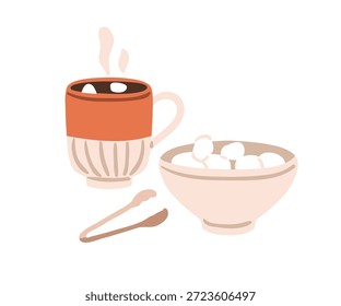 Bebida de cacao servida con malvaviscos dulces en un tazón. Bebida caliente caliente en taza con pinzas de azúcar. Taza de cacao, delicia de invierno de temporada. Ilustración vectorial plana aislada sobre fondo blanco