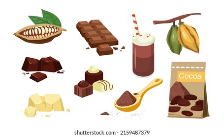 Conjunto de elementos de cacao. Polvo de cacao en caja y cuchara, chocolate negro, de leche y blanco, cóctel de bebida, caramelos y frijoles de cacao aislados en fondo blanco. Dibujo vectorial plano de dibujos animados