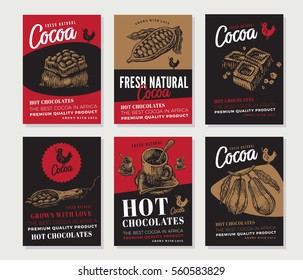 Cocoa engraved posters collection with beans hot chocolates and organic products vector illustration