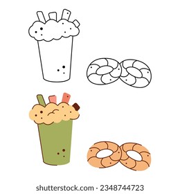 Cocoa with foam and cookies. Black and white and color clipart vector illustration.