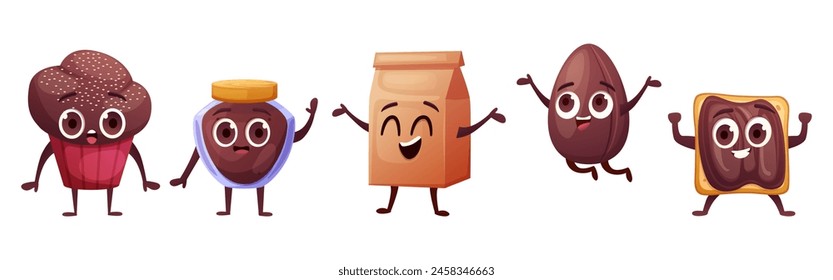 Cocoa food characters. Chocolate positive mascots, funny choco egg, jar and sandwich with paste. Cute muffin. Different sweet desserts vector set