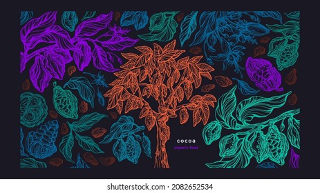 Bosque de cacao con fruta, grano. Fondo exótico de textura vectorial. chocolate negro orgánico. Ilustración gráfica de arte rústico brillante. Espacio para texto