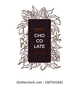Cocoa frame. Natural chocolate. Vector hand drawn botanical tree, bean, tropical fruit, leaf. Organic sweet food, graphic sketch, art illustration. Cacao vintage package. Nature template