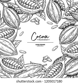 Cocoa frame. Vector superfood drawing template.  Fruit, leaf and bean engraving. Organic healthy food sketch. Hand drawn chocolate packaging, cacao banner, poster, label Isolated illustration on white