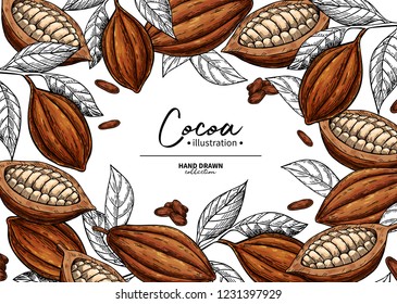 Cocoa frame. Vector superfood drawing template.  Fruit, leaf and bean engraving. Organic healthy food sketch. Hand drawn chocolate packaging, cacao banner, poster, label Isolated illustration on white