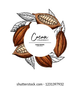 Cocoa frame. Vector superfood drawing template.  Fruit, leaf and bean engraving. Organic healthy food sketch. Hand drawn chocolate packaging, cacao banner, poster, label. Isolated illustration