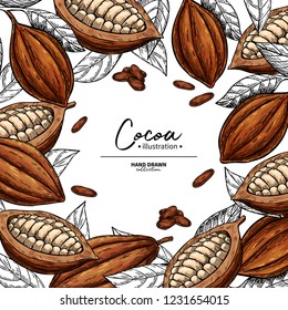 Cocoa frame. Vector superfood drawing template.  Fruit, leaf and bean engraving. Organic healthy food sketch. Hand drawn chocolate packaging, cacao banner, poster, label. Isolated illustration