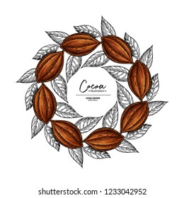 Cocoa frame. Vector superfood drawing template.  Fruit, leaf and bean engraving. Organic healthy food sketch. Hand drawn chocolate packaging, cacao banner, poster, label. Isolated illustration 