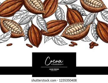 Cocoa frame. Vector superfood drawing template.  Fruit, leaf and bean engraving. Organic healthy food sketch. Hand drawn chocolate packaging, cacao banner, poster, label. Isolated illustration on whit