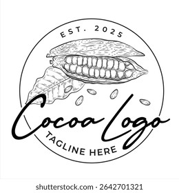 Fruta e feijão de cacau, ideia de design de logotipo para a empresa ou produto. Ilustração do vetor de desenho