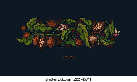 Fruta de cacao, frijol. chocolate orgánico, mantequilla. Ilustración de grabado vectorial vintage. Comida de aroma tropical. Patrón de arte sobre fondo negro