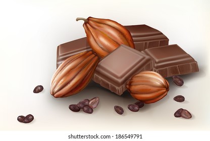 cocoa fruit and chunks of chocolate on a chocolate background