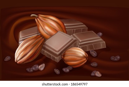 cocoa fruit and chunks of chocolate on a chocolate background