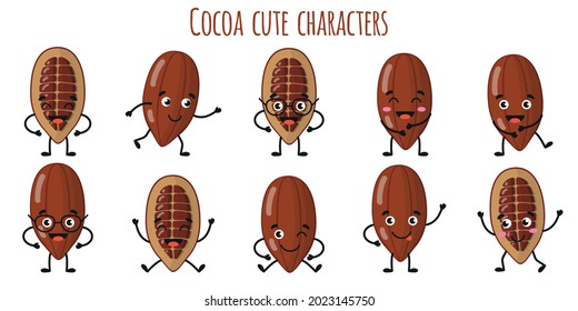 La fruta del cacao adorables personajes alegres con diferentes poses y emociones. Recogida de alimentos antioxidantes de vitamina natural. Dibujo vectorial aislado. Concepto de niños.