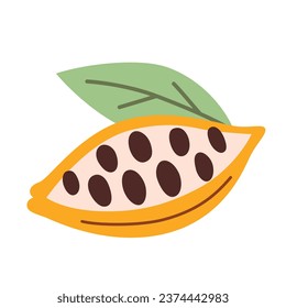 Cocoa fruit icon, vector doodle illustration of cacao fruit with beans and leaf, chocolate making ingredient, seeds of cacao tree cut open, delicious natural product, isolated colored clipart