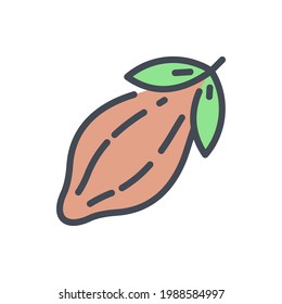 Cocoa fruit with leaves color line icon. Cocoa bean vector outline colorful sign.