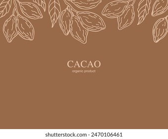 Fruto de cacao en rama con hojas dibujadas a mano fondo de etiqueta para texto. Plantilla con planta de cacao para logotipo, tarjeta, impresión, papel, signo, diseño, envoltura. Ingrediente de chocolate, aceite orgánico, comida, belleza