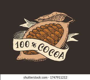 Cocoa fruit and ribbon. Beans or Grains. Vintage badge or logo for t-shirts, typography, shop or signboards. Hand Drawn engraved sketch. Vector illustration.