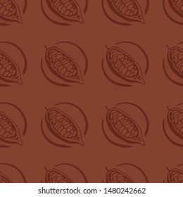 Cocoa fruit seamless pattern. Simple chocolate fruit vector signs. Brown background. EPS 8